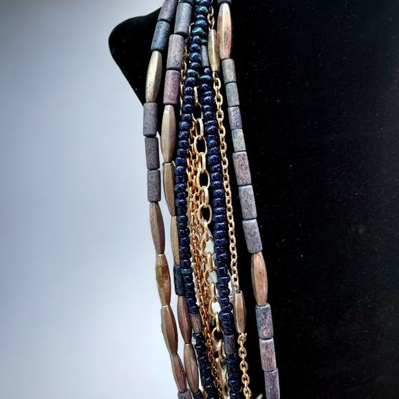 Chico's Multi-Strand Blue Bead/Silver Chain Adjustable Statement Necklace - Picture 3 of 6